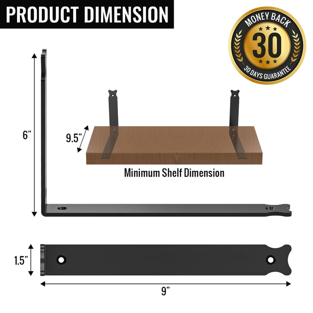 Floating Shelf Brackets 6 Pcs Heavy Duty L Bracket Corner Brace Support, 9 Inch Wall Mounted Industrial Metal Brackets for Shelves, Holds 200 lbs