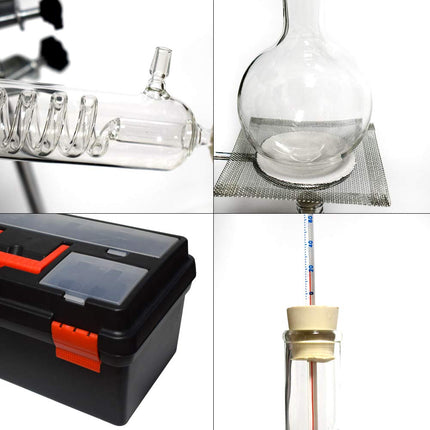 New 500ml 44pcs Lab Essential Oil Distillation Apparatus Water Purifier Distiller Glassware Kits w/Tool Case Condenser Pipe