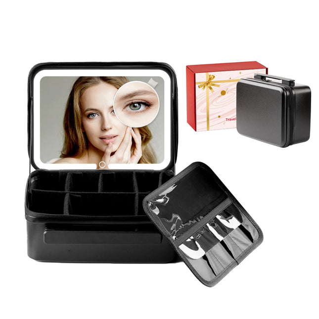 LUKYMIRO Travel Cosmetic Train Case with Removable Lighted Mirror, Portable Makeup Bag with LED Mirror, Makeup Storage Organizer with Sturdy Adjustable Dividers, 3 Color Lights, Black