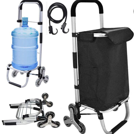EALING Anti-Slip Bar Folding Shopping Trolley Utility Cart with 3+3-Wheels, Detachable Bags 2 Extra Pockets Adjustable Bungee Cord, Black/Silver