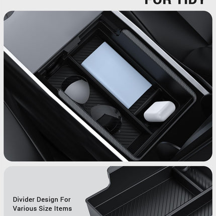 BASENOR Upgraded Tesla Model Y Model 3 Armrest Console Organizer (Carbon Edition) Armrest Storage Box Compatible with Tesla Model Y 2021-2024 Tesla Model 3 2021-2023 Interior Accessories