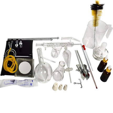 New 500ml 44pcs Lab Essential Oil Distillation Apparatus Water Purifier Distiller Glassware Kits w/Tool Case Condenser Pipe