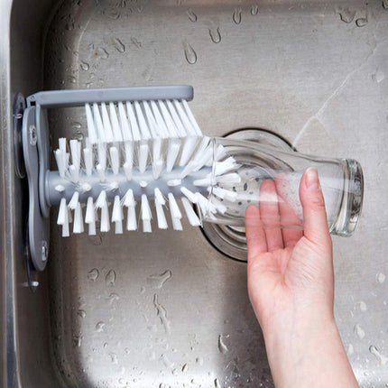360° Glass Cup Brush Cleaner with 3 Suction, Bar Glass Washer Sink Attachment, Flexible Bristles Double Sided Scrubber Brush for Home, Kitchen, Wall, Table or Sink Bottom