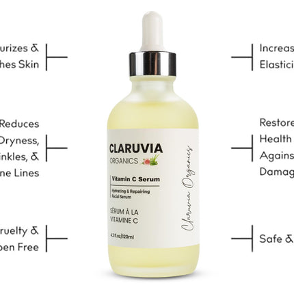 CLARUVIA 120ml Natural Vitamin C Serum All-Natural Moisturizer Facial Skincare for Ladies and Men | Toning and Hydrating with Hyaluronic Acid, Vitamin E, Rosa Casina Extract, Aloe Vera Extract | Anti Aging, Skin Repairing and Brightening