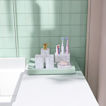 Suanti Bathroom Accessory Sets,5 pcs White Bathroom Decor Sets with Lotion Dispenser, Soap Dish, Tumbler, Toothbrush Holder, Q Tip Holders