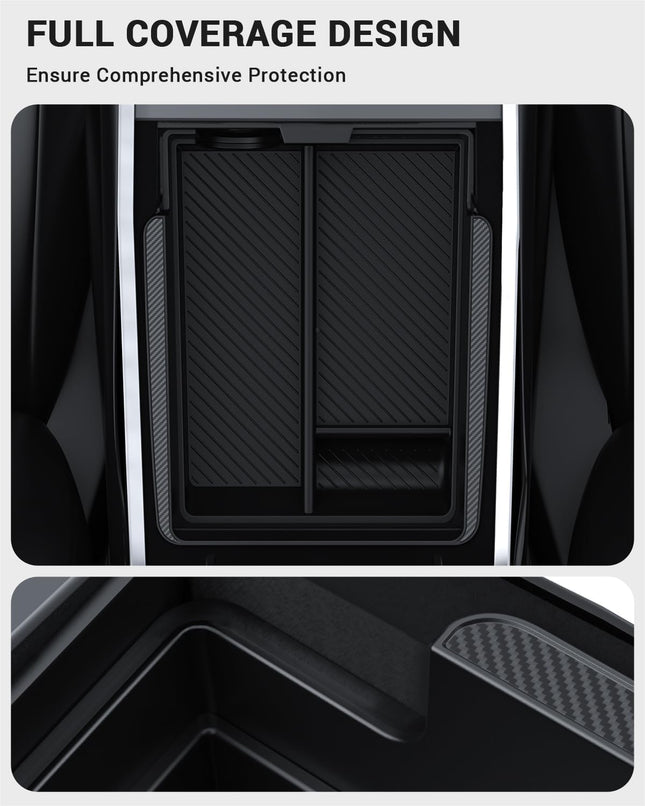 BASENOR Upgraded Tesla Model Y Model 3 Armrest Console Organizer (Carbon Edition) Armrest Storage Box Compatible with Tesla Model Y 2021-2024 Tesla Model 3 2021-2023 Interior Accessories
