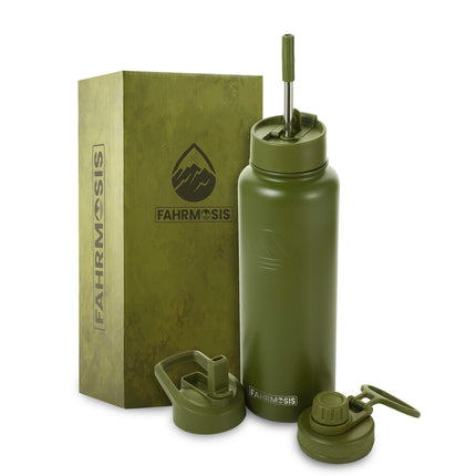 FAHRMOSIS 24oz Insulated Stainless Steel Water Bottle with Straw Includes 3 Lids, ARMY GREEN