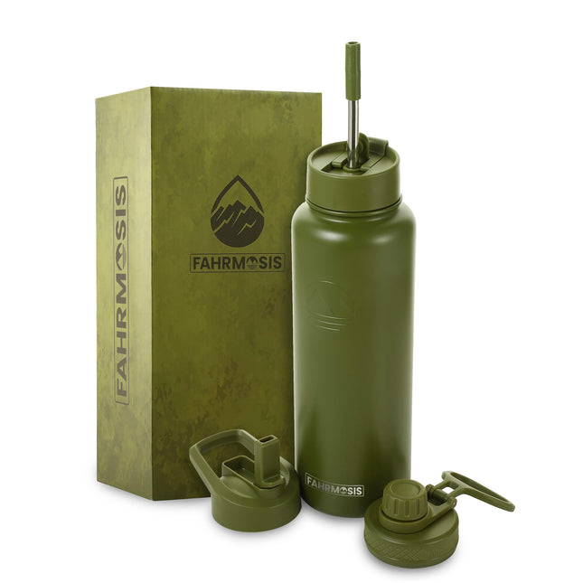 FAHRMOSIS 24oz Insulated Stainless Steel Water Bottle with Straw Includes 3 Lids, ARMY GREEN