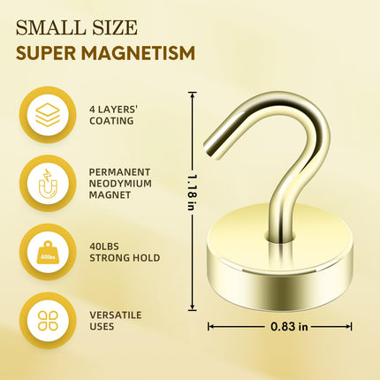 Neosmuk 6PCS Magnetic Hooks, Cruise Ship Essentials, 60lb+ Heavy Duty Magnetic Hooks,  Extra Strong Must-Haves, Gold