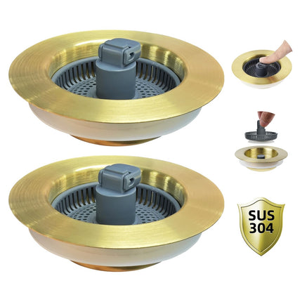 Hibbent 2 Pack Stainless Steel 3-in-1 Sink Drain Strainer and Stopper Combo, Metal Pop Up, 3 Anti-Clogging with Handle 3-1/2" Drain, Brushed Gold