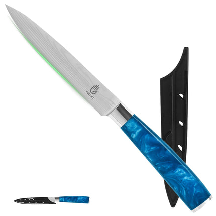 FULLHI 5" Japanese Utility Paring Stainless Steel Knife with Sheath Guard, Blue Resin