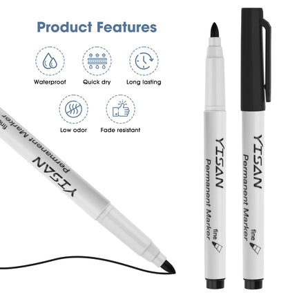 YISAN 150PCS Quick Drying Ink BLACK Fine Tip Permanent Markers