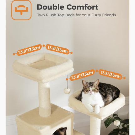 PEQULTI 70.9" Large Cat Tree for Indoor Cats,180cm Tall Cat Tree for Large Cats, Multi-Level Plush Cat Tower with 6 Scratching Posts, 2 Cat Condos, 2 Perches, Hammock, Pompoms, Cream #C2