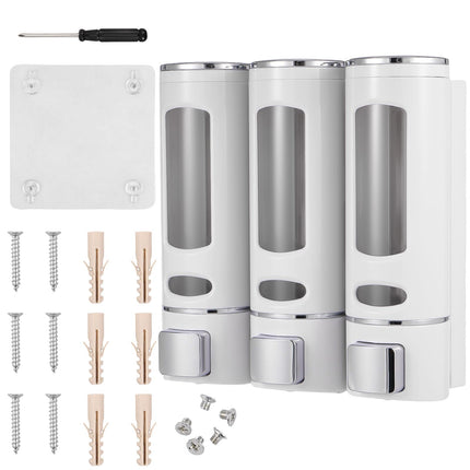 3Pcs 400ml Shower Soap Dispenser Wall Mounted Shampoo and Conditioner Dispenser Adhesive Handwashing Fluid 3 Separating Chamber Manual Shower Soap for Bathroom Hotel