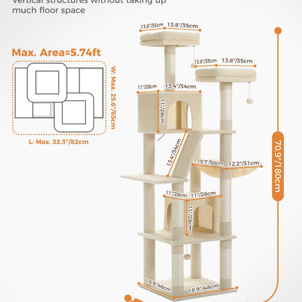 PEQULTI 70.9" Large Cat Tree for Indoor Cats,180cm Tall Cat Tree for Large Cats, Multi-Level Plush Cat Tower with 6 Scratching Posts, 2 Cat Condos, 2 Perches, Hammock, Pompoms, Cream #C2