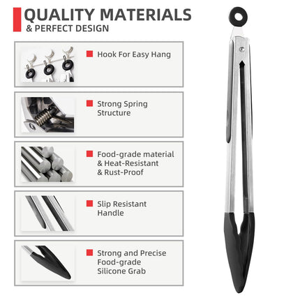 Cukitish 3-PIECE Stainless Steel Kitchen Tongs with Silicone Tips, SIZES, 18, 23, 30cm