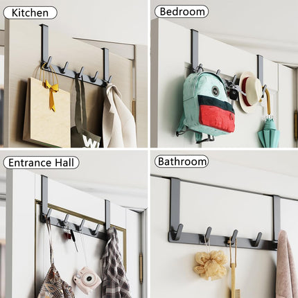 Over The Door Hooks Hanger with Long Arms, Door Hanger with 5 Coat Hooks, Aluminum Towel Holder for Bathroom, Heavy Duty Coat Rack for Hanging Key Clothes Hat Towel Jacket (Black)