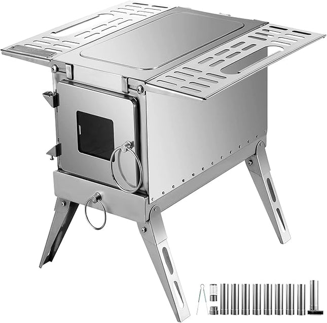 VEVOR Tent Wood Stove 18.3x15x14.17 inch, Camping Wood Stove 304 Stainless Steel with Folding Pipe, Portable Wood Stove 90.6 inch Total Height for Camping, Tent Heating, Hunting, Outdoor Cooking