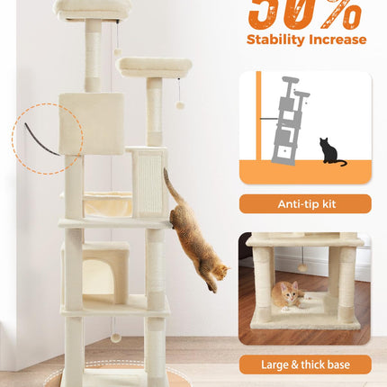 PEQULTI 70.9" Large Cat Tree for Indoor Cats,180cm Tall Cat Tree for Large Cats, Multi-Level Plush Cat Tower with 6 Scratching Posts, 2 Cat Condos, 2 Perches, Hammock, Pompoms, Cream #C2