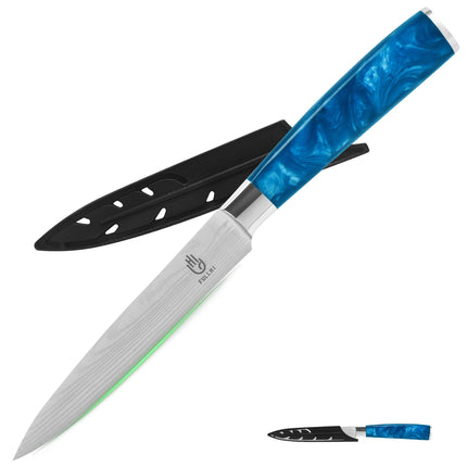 FULLHI 5" Japanese Utility Paring Stainless Steel Knife with Sheath Guard, Blue Resin