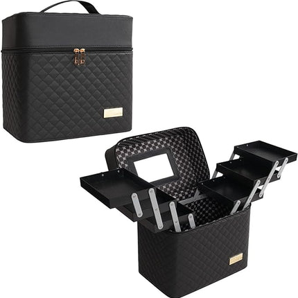 Cosmetic Bag with Mirror for Travel Vanity,Large Makeup Organizer Bag with 6 Compartments 3 Layer Drawers,Toiletry Bag for Women Men (Black)