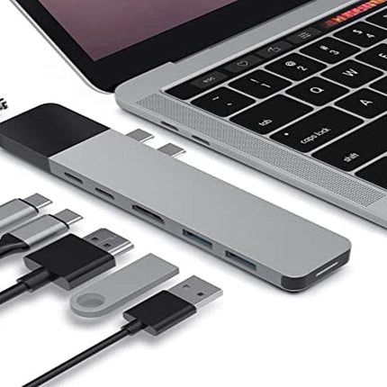HyperDrive USB C Hub- (GN28N-Grey), Dual Type C Hub Adapter for MacBook Pro 13" 15", 6-in-2 Multi-Port Thunderbolt USB-C Dongle w Gigabit Ethernet, 40Gb/s C-USB 100W, 5Gb/s Type-C w 60W PD, 4K HDMI