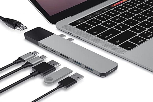HyperDrive USB C Hub- (GN28N-Grey), Dual Type C Hub Adapter for MacBook Pro 13" 15", 6-in-2 Multi-Port Thunderbolt USB-C Dongle w Gigabit Ethernet, 40Gb/s C-USB 100W, 5Gb/s Type-C w 60W PD, 4K HDMI