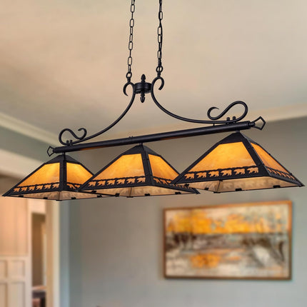 TOCHIC Pool Table Light, 3 Lights Tiffany Billiard & Pool Table Lights, 49.5" Farmhouse Chandelier for Dining Room, Rustic Light Fixture with Bear for 7, 8, 9 ft Tables, Game Room, Basement, Bar-#C4