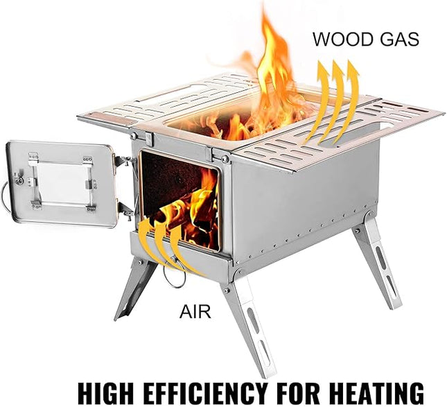 VEVOR Tent Wood Stove 18.3x15x14.17 inch, Camping Wood Stove 304 Stainless Steel with Folding Pipe, Portable Wood Stove 90.6 inch Total Height for Camping, Tent Heating, Hunting, Outdoor Cooking
