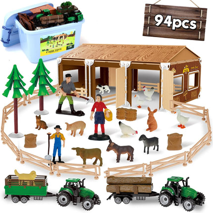 94pcs Plastic Farm Animals Figurines and Fence Farm Playset, 2 Farm Tractors with Farm Figures, Farmer Vehicle Toy Truck with Trailer for 3-12 Years Old Kids Boys Girls Toddlers