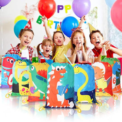 12 PCS Kids Party Favor Bags for Birthday Party Gift Drawstring Goody Package with Cartoon Dinosaur T21