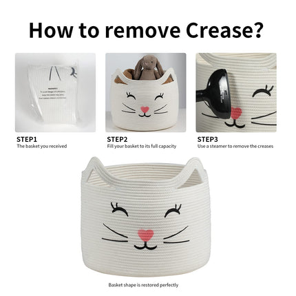 ZLG Cat Face Cotton Rope Gift Wicker Basket Hamper wicker for Toys Towels (white)
