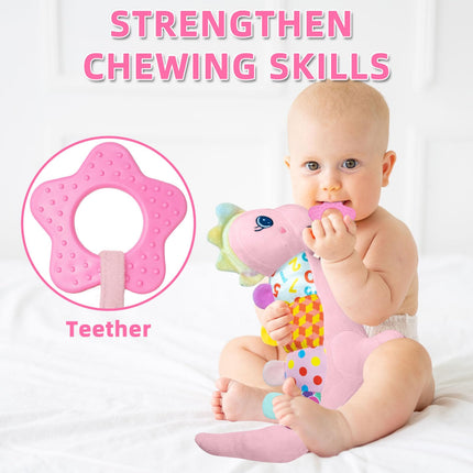 Baby Sensory Dino Musical Stuffed Animal Toys for 0-3-6-9-12 Months，Infant Dinosaur Tummy Time Toys with Crinkle Sound Paper，Teether，Textures & Rattles for Newborn Boys Girls Birthday Gifts，Pink