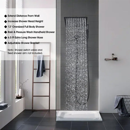 PDPBath All Metal Rain Shower Head with Handheld Built-in High Pressure Wash Mode, 12'' Rainfall Shower Head with Adjustable Z-shaped Extension Arm, Adjustable Brass Bracket, 79" Hose, Matte Black