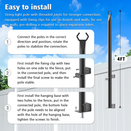 Beizelte 2PACK 4FT String Freestanding Outdoor Light Poles with Fixing Clips and Suspended Base