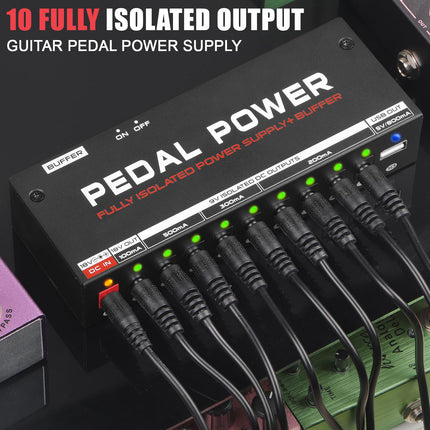 HSMOOT Pedal Power Supply Fully Isolated Guitar Pedal Power Supply 10 Independent DC Outputs for 9V/18V Guitar Bass Effect Pedal with Buffer Pedal USB Port