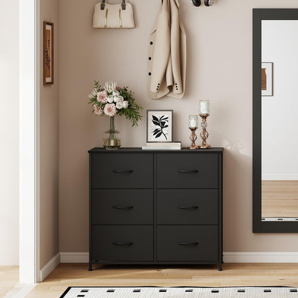 Somdot Dresser for Bedroom with 6 Drawers, Wide Storage Organizer Chest of Drawers with Fabric Bins for Living Room Closet Kids Bedside Nursery Laundry Entryway, Black