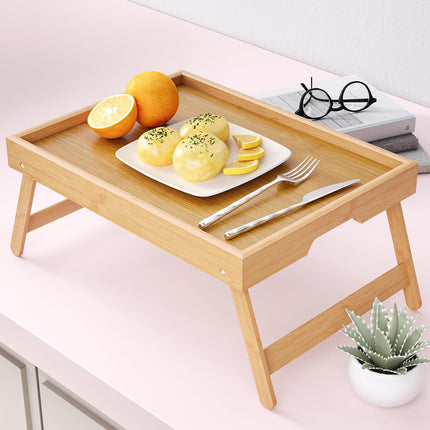 Bamboo Bed Table Tray with Foldable Legs, Large Breakfast Bed Tray with Handles for Food, Snack Small Laptop