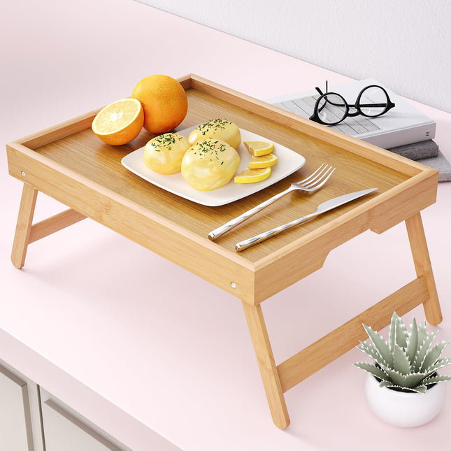 Bamboo Bed Table Tray with Foldable Legs, Large Breakfast Bed Tray with Handles for Food, Snack Small Laptop