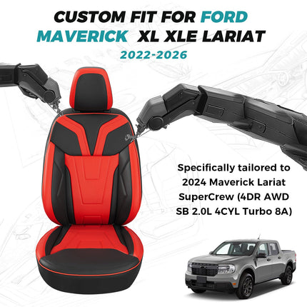 FEINEPRO for Ford Maverick Seat Covers XL XLT Lariat 2022 2023 2024 2025, Custom Fit Car Seat Cover Full Set, Luxury Leather Seat Covers, Waterproof Car Interior Accessories Cushions, Black Red