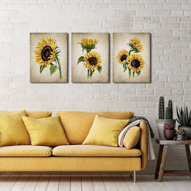 Sunflower 12x16x3" Vintage Sunflower 3 Pieces Canvas Wall Art