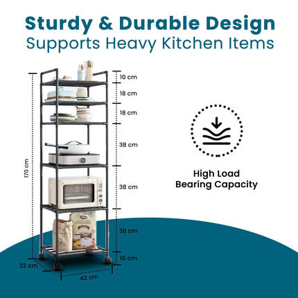 Jungle Fox Black 6 Tier Kitchen Storage Rack with Wheels, Adjustable, Durable, Easy-to-Assemble Organizer for Kitchen and Bakers, Functional Design