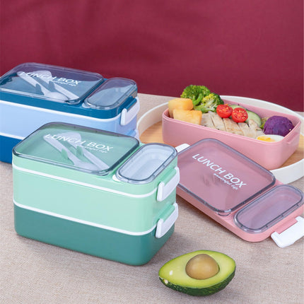 LetsLife 1600ml Bento Box for Adult Kids, Double-Layer Large Lunch Containers with Stainless Steel Inner, Built-in Cutlery and Sauce Pot, Leakproof Food Storage Container Set, Microwavable