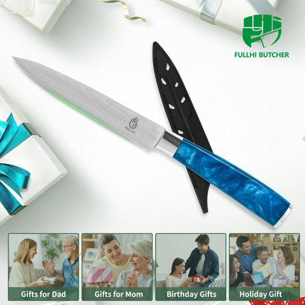 FULLHI 5" Japanese Utility Paring Stainless Steel Knife with Sheath Guard, Blue Resin