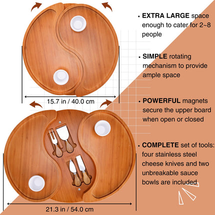 ZMARKRAFT US Patented Double-Layer Charcuterie Board| Large Cheese Board Platter Set w 4 Knives and 2 Bowls | Premium Bamboo Serving Tray | Hoursewarming Christmas (Mocha Brown)