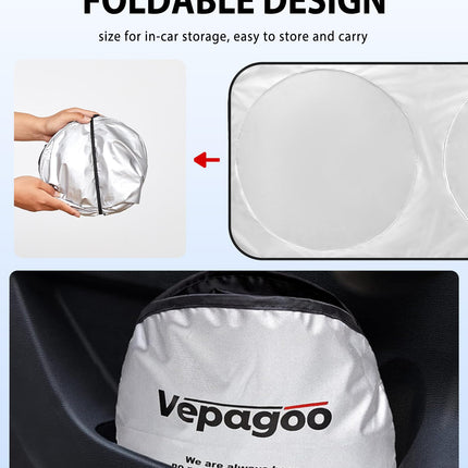 Vepagoo Universal Fit for Sedan/SUV/Hatchback Foldable 64 x 32" Front Windshield Protector, UV Rays & Heat Blocking w/ Storage Bag