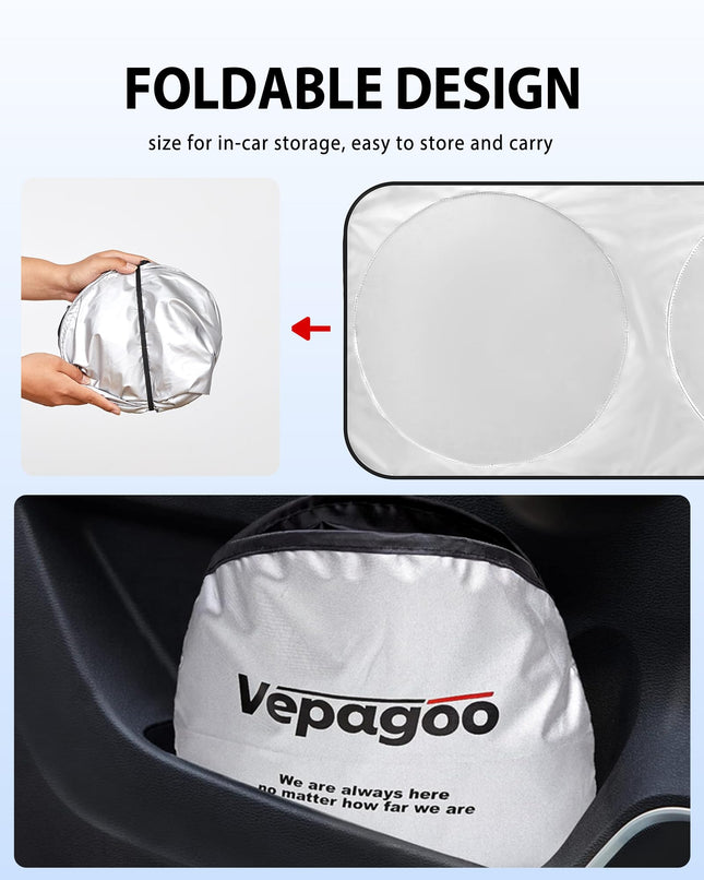 Vepagoo Universal Fit for Sedan/SUV/Hatchback Foldable 64 x 32" Front Windshield Protector, UV Rays & Heat Blocking w/ Storage Bag