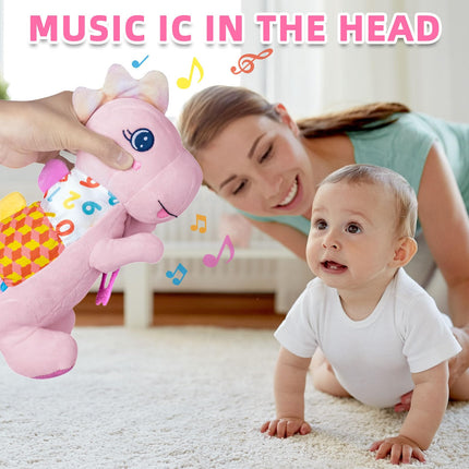 Baby Sensory Dino Musical Stuffed Animal Toys for 0-3-6-9-12 Months，Infant Dinosaur Tummy Time Toys with Crinkle Sound Paper，Teether，Textures & Rattles for Newborn Boys Girls Birthday Gifts，Pink