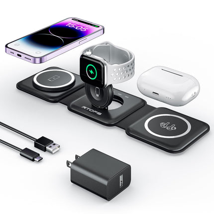 3 in 1 Wireless Charger,RTOPS Fodable Charging Stations for Multiple Apple Devices, W312 Fast Travel Charging Stand for Airpod, iWatch and Phone 12-15 (Adapter Included)