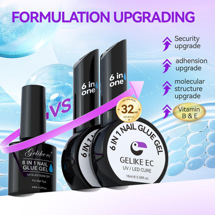 Gelike EC Gel Nail Glue Milky White 32ML 2PCS - 6 in 1 Vitamin B&E Extra Strong Brush on Nail Glue for Acrylic Nails, Long Lasting Jelly Base Gel Adhesive UV Nail Glue for Press On Nail Tips